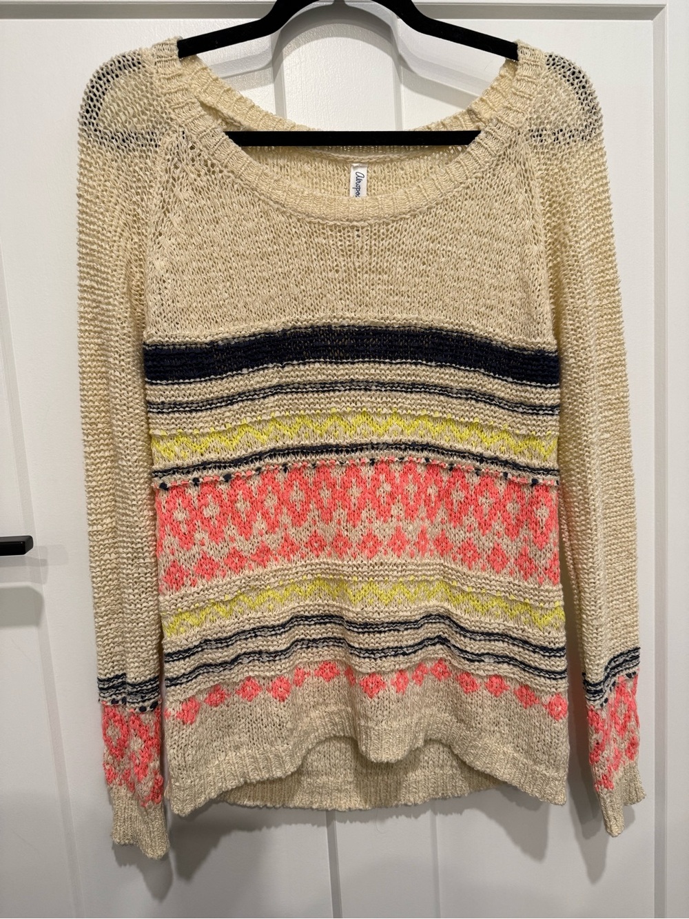 Aeropostale Cream Striped Knit Sweater with Coral and Yellow Accents